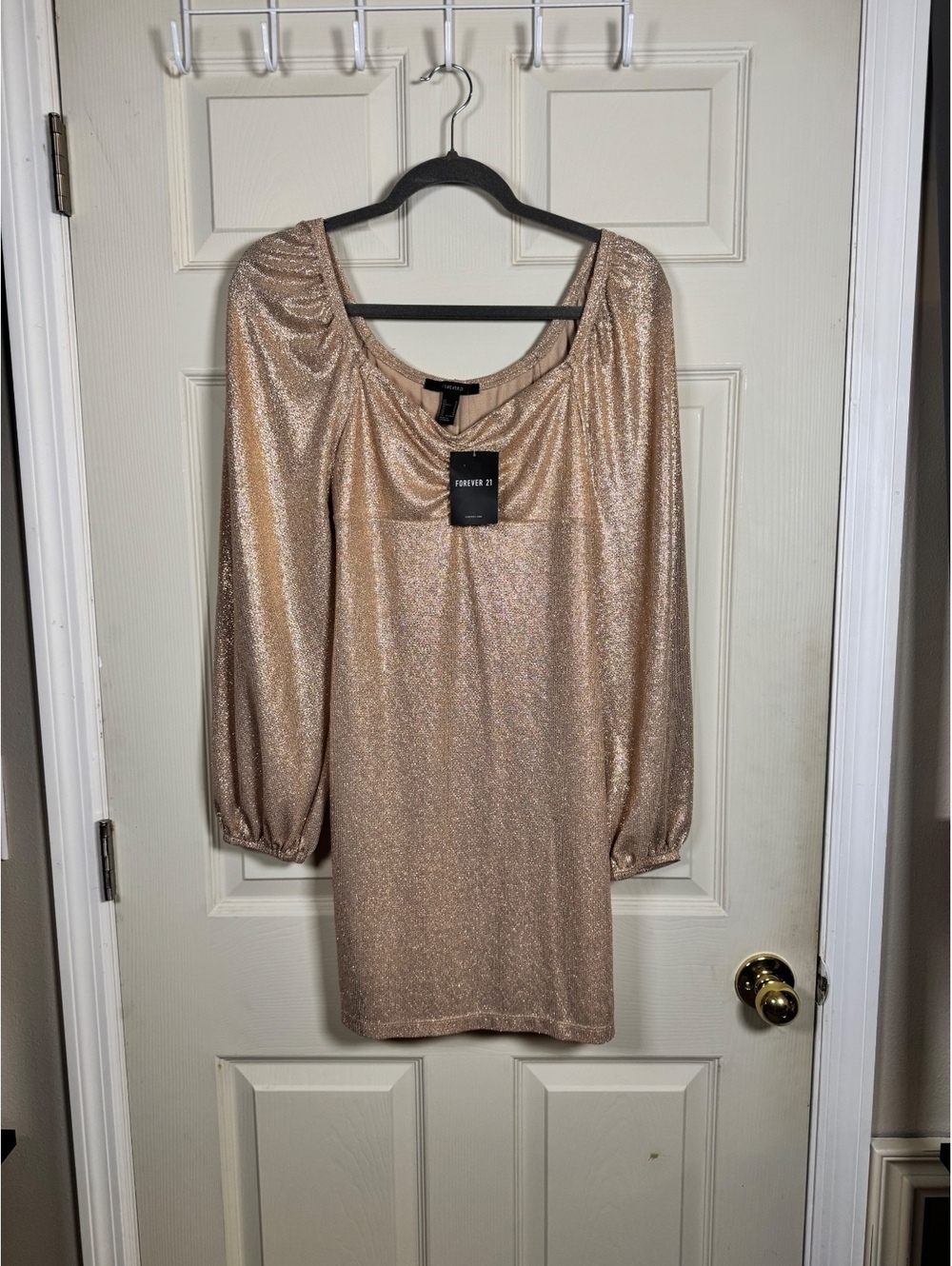 Forever 21 Champagne Knit Dress with Long Sleeves and Ruched Front Detail, SizeM